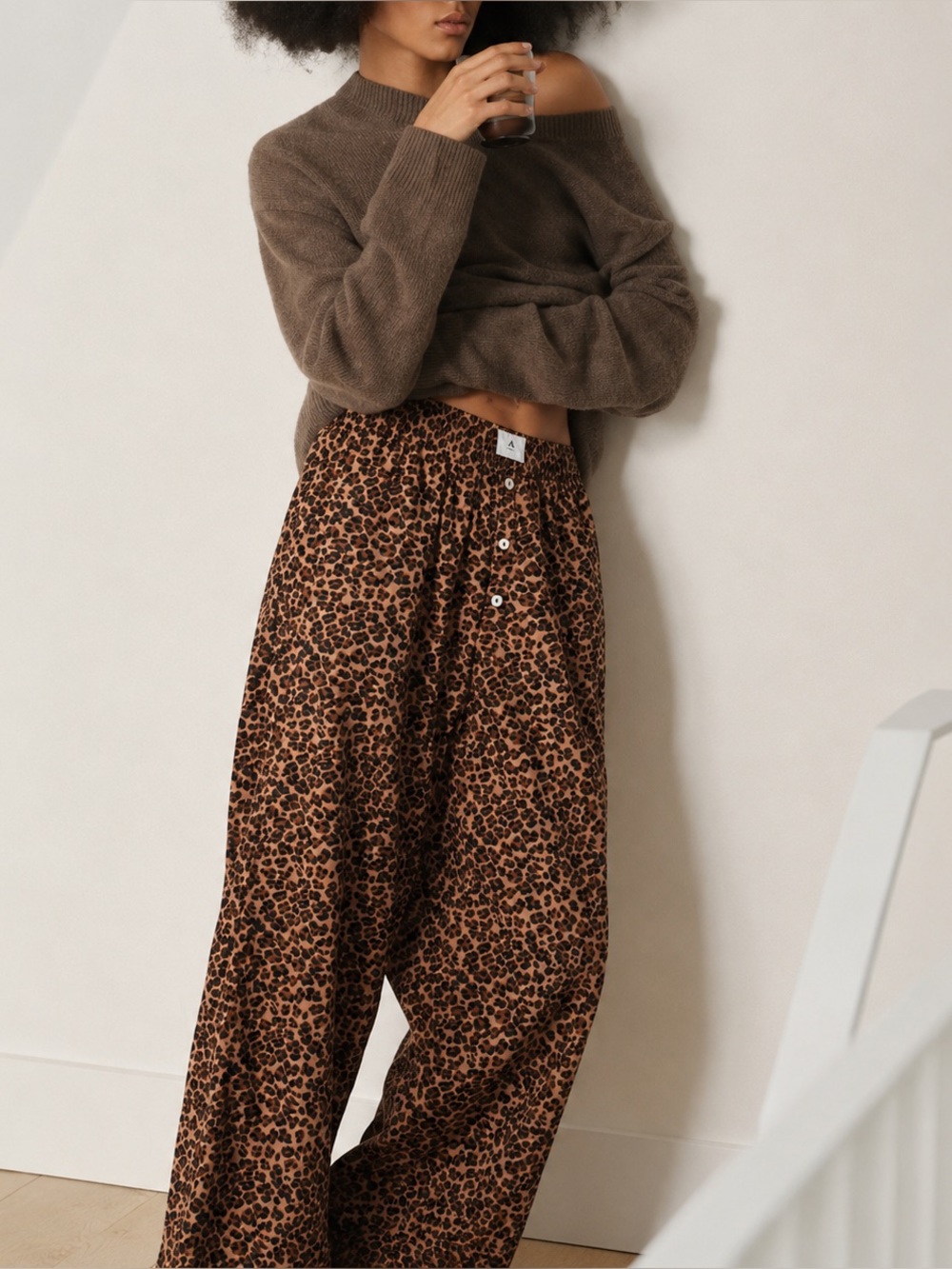 Anthroplogie Cloth & Stone Leopard Print Lounge Pants Size L Wide Leg Pajama